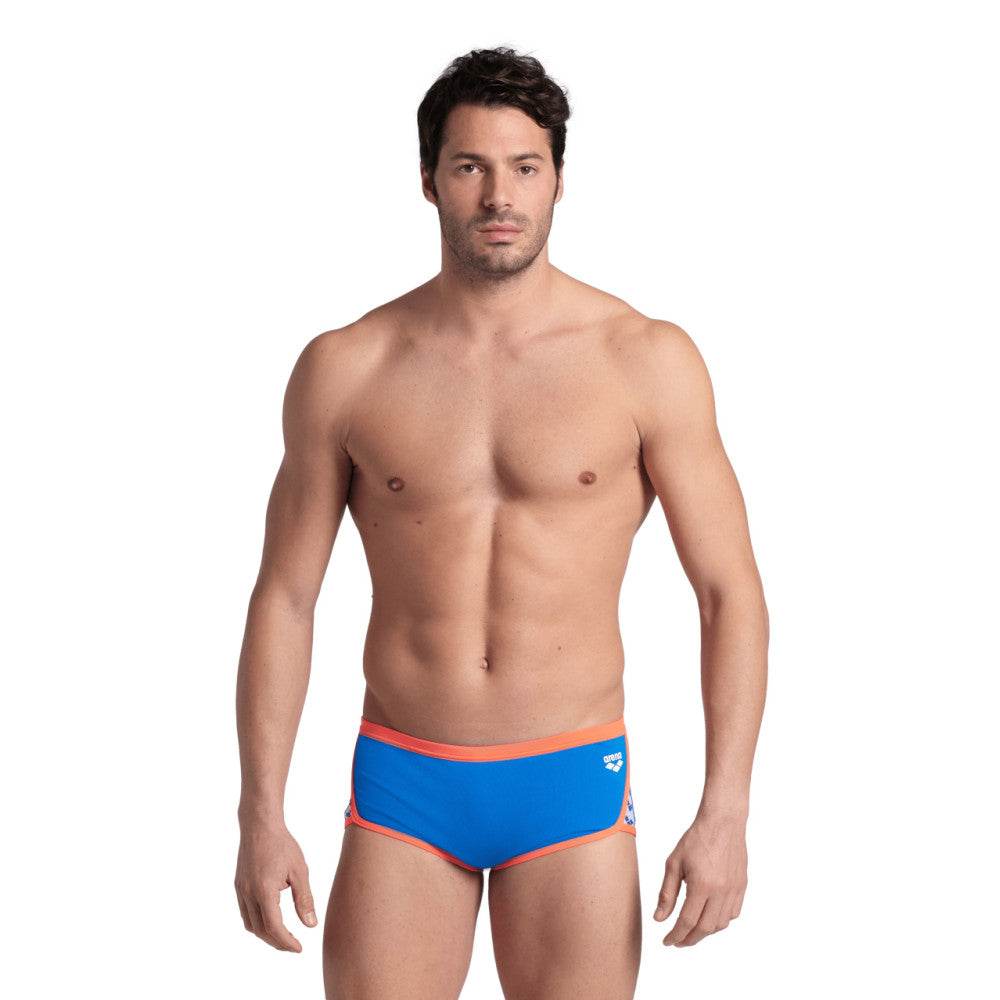  Maillot Homme ARENA ICONS SWIM LOW WAIST SHORT SOLID BLUE RIVER BRIGHT CORAL